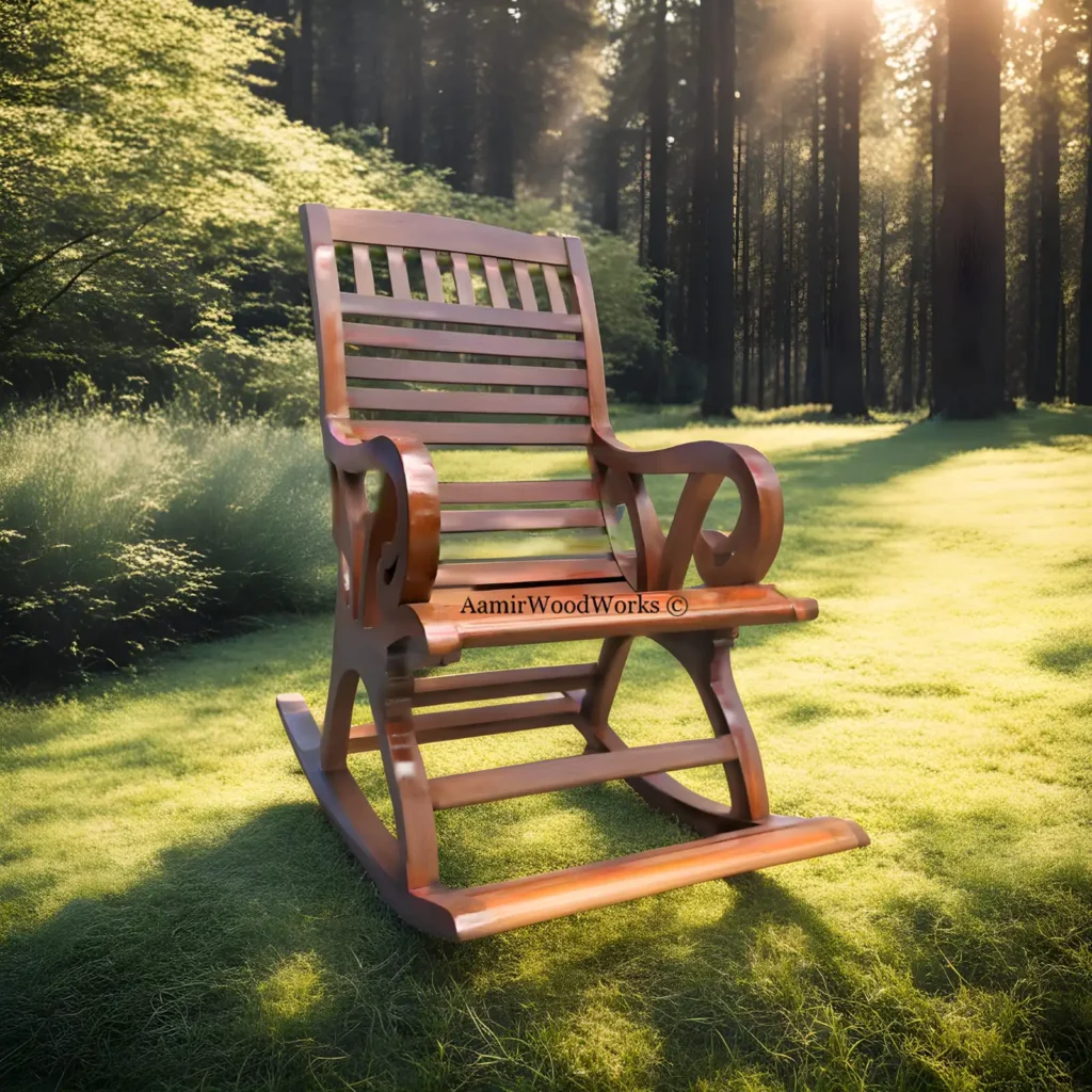 Vintage wooden chairs placed on grass surrounded by trees and sunlight streaming down