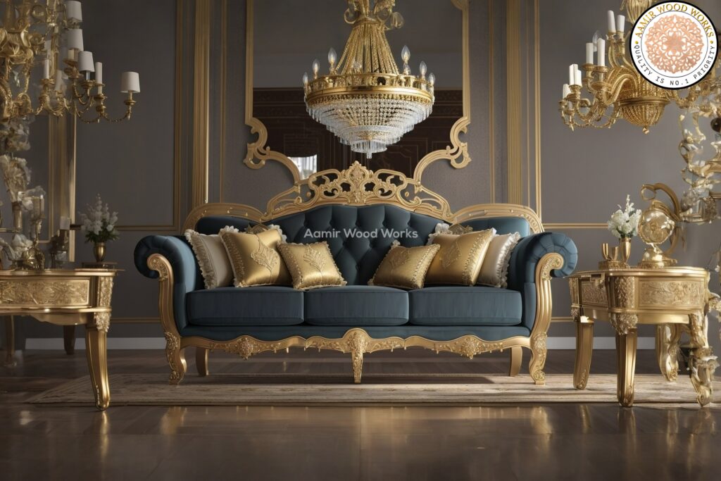 Opulent Floral Navy Blue 3-Seater Sofa (Navy blue sofa set)